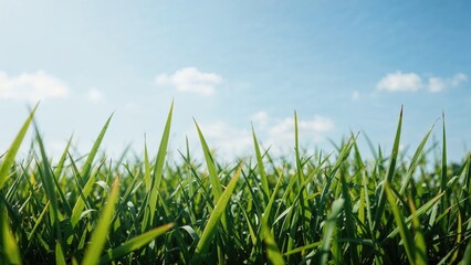 Fototapeta premium Gentle sunlight illuminates a grassy backdrop with floral patterns and abstract textures, evoking a summer sky and natural design for banners