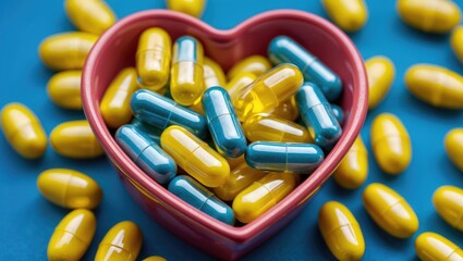 Capsules of cod liver oil arranged in a heart-shaped container