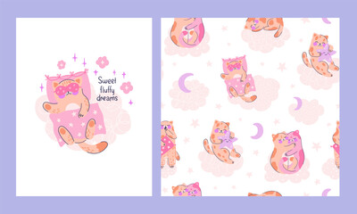 Collection seamless patterns with adorable kittens and composition with cute cat sleeping on cloud