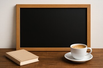 Simple blackboard setup with coffee mugs on a wooden table