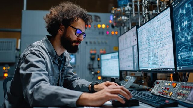 Focused engineer analyzing reactor data on multiple glowing monitors, surrounded by advanced control systems.