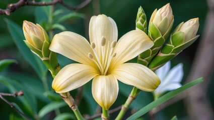 Fototapeta premium Curcuma longa's flower displays a gentle yellow or cream color, accompanied by green, white, or purple bracts.