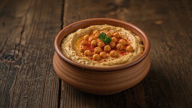 Traditional Chickpea Hummus Served in a Dish, Shown from a Side View on Wood