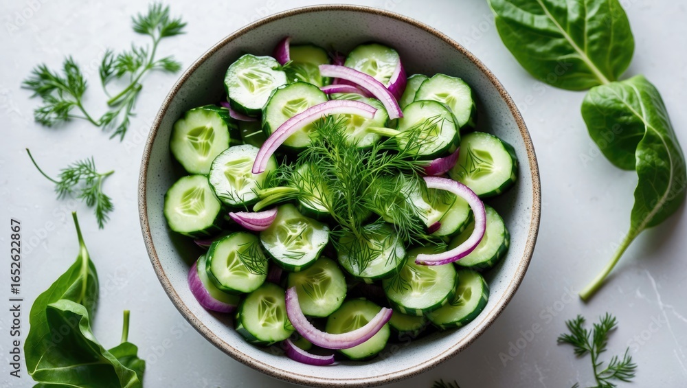 Poster chilled cucumber and red onion salad infused with dill and served with a yogurt-based dressing, top-