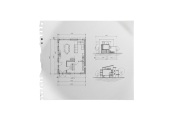 Meticulously detailed architectural sketch of minimalist floor plan on translucent tracing paper with torn edge, flat lay on seamless transparent background, concept of architectural precision