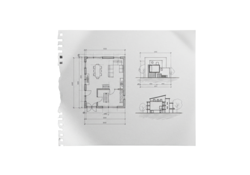 Meticulously detailed architectural sketch of minimalist floor plan on translucent tracing paper with torn edge, flat lay on seamless transparent background, concept of architectural precision