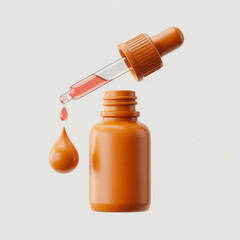 Orange dropper bottle with pink liquid dropping isolated on white background