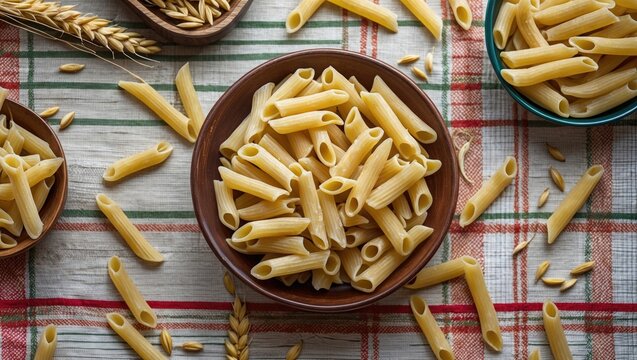 Raw pasta arranged on a cloth table covering