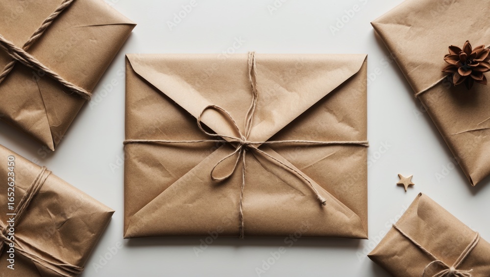 Poster kraft paper envelope fastened with string against a white backdrop