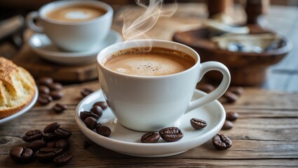Fototapeta premium Coffee served in a white ceramic cup against a wooden table backdrop