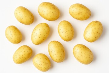 Obraz premium Top-down view of young white potatoes on a clean white backdrop, ideal for vegetarian recipes. Raw root vegetables ready for harvest.