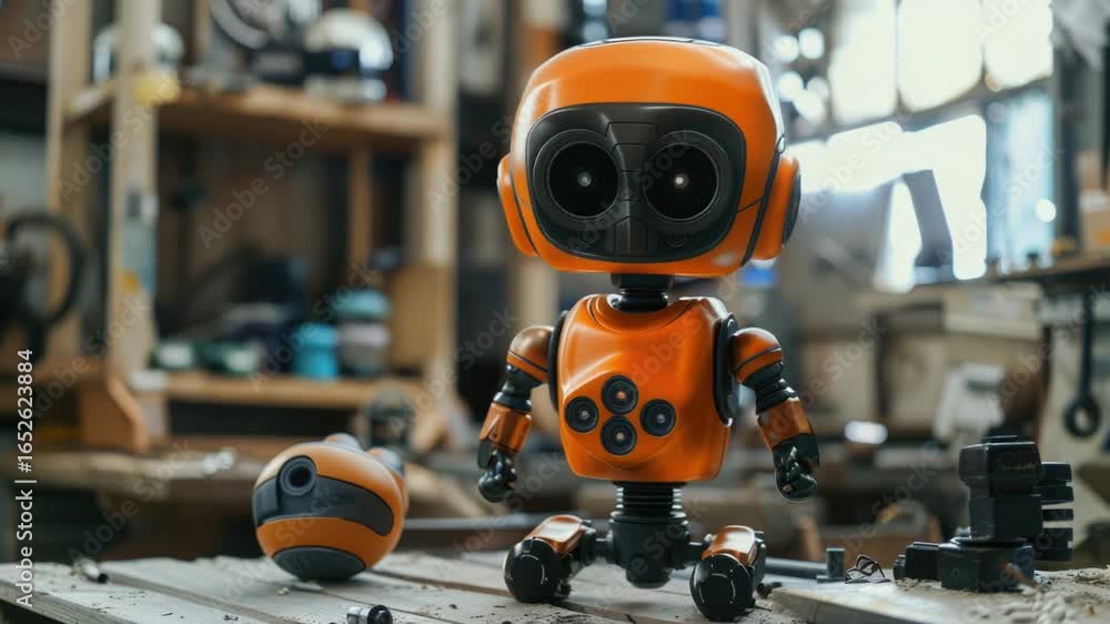 Aufkleber a small toy robot sits on a table with a flat surface