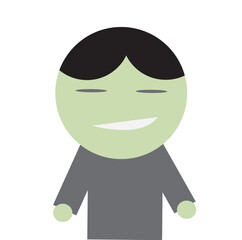 Vector cartoon character with green face, black hair, and gray outfit. Minimalist flat design style, simple illustration for mascot, avatar, icon, or creative graphic element.