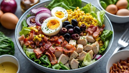 Hearty and colorful entree salad with bacon, chicken, boiled eggs, corn, olives, and crisp romaine lettuce, packed with flavor