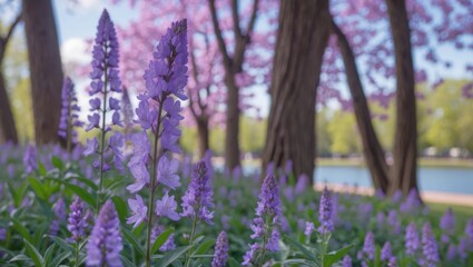 Obraz premium Close-up of stunning purple blooms flourishing on plants surrounded by trees in a natural park environment