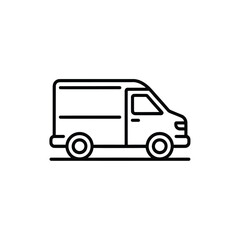 Black line art icon of a delivery van on tracks cargo van transport