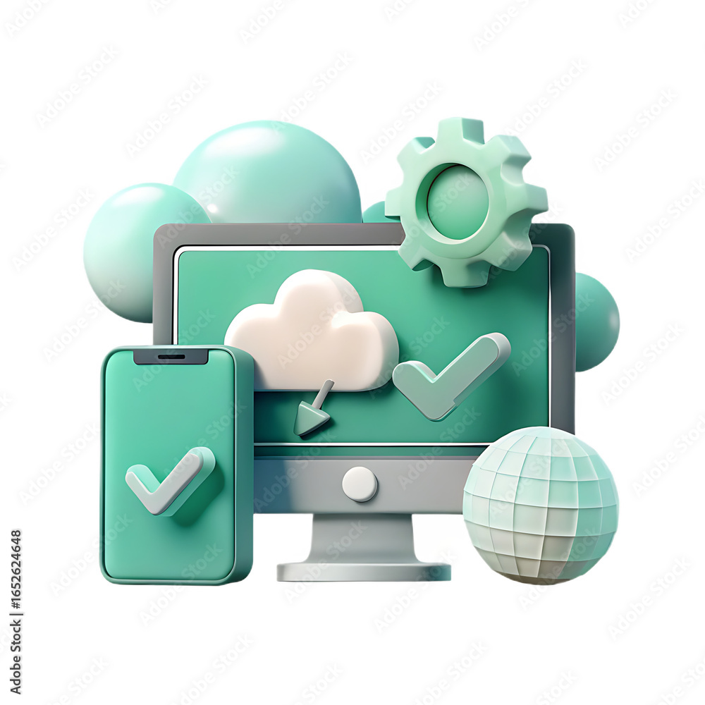 Fototapete digital technology and cloud computing icons representing data storage and connectivity isolated on 