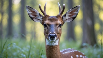 Close-up of a deer in a forest with a soft, blurry background