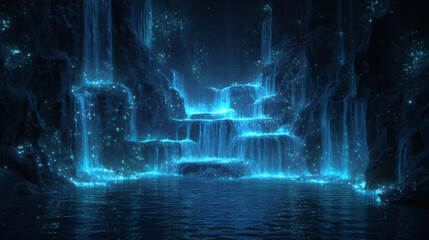 Enchanting Bioluminescent Waterfall in a Mysterious Cave with a Luminous River Flowing into Darkness