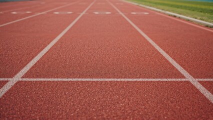 Selective focus on a red padded track floor with lane lines and a nearby yellow field, representing sport and race concepts.