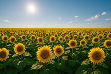 Fototapeta premium Vast field of sunflowers basking in summer sunshine