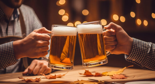 Two men toast with beer mugs in a warm restaurant setting for Autumn. Celebration of success and friendship, oktoberfest.