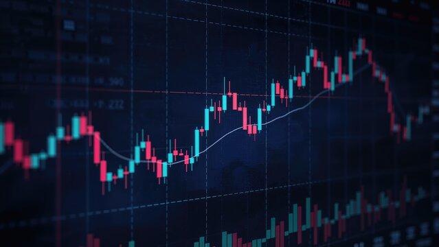 3D visualization of trading graphs, forex statistics, and investment finance data on a digital board with abstract design.