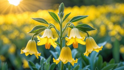 Close-up shot of a bright yellow blooming flower called Yellow Bells