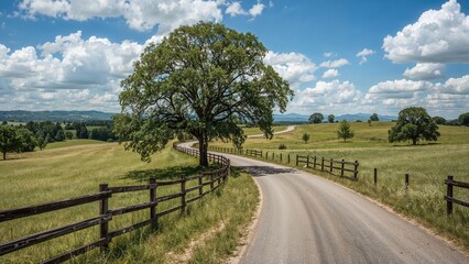 Fototapeta premium Backroad bordered by stables and pastures