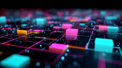 Digital network grid with glowing lines and blocks