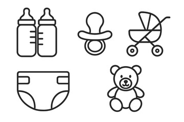 Baby items line icon set. Newborn essentials collection. Minimalist outline vector pictograms for infant care. Includes feeding bottle, pacifier, stroller, diaper, teddy bear.