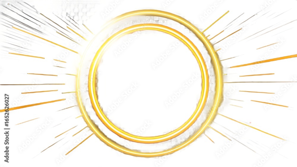 Poster yellow neon gowing circle frame with speed line isolated on transparent background.