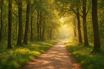 Brightly colored view of a thick forest and a sun-drenched route