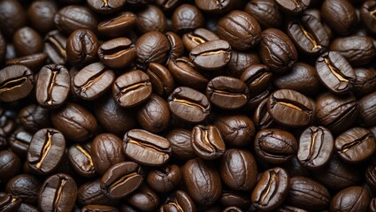 Obraz premium Close-up of aromatic brown coffee beans just roasted