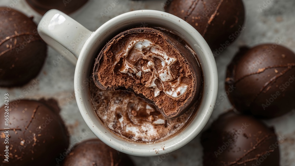 Poster dark chocolate shells containing cocoa mix and marshmallows that blend into hot milk to form a trend
