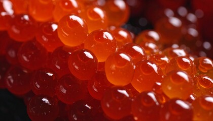Macro closeup of vibrant red salmon roe, a luxurious gourmet seafood delicacy, glistening in a close-up view with fresh green herb garnish