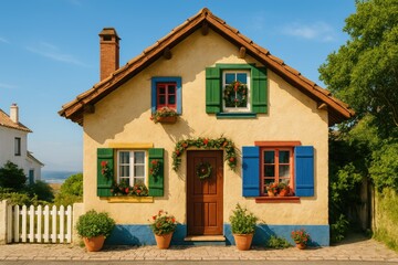 Brightly colored vacation cottage by the coast