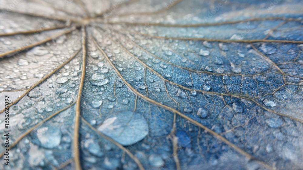 Poster abstract close-up of leaf surface showing water droplets magnifying intricate textures and veins.