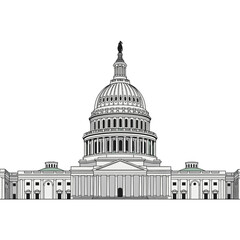 A symmetrical, black and white architectural line drawing of the United States Capitol Building in Washington D.C.