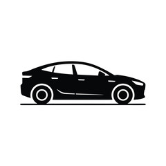 Black silhouette icon of a sleek modern sedan car on a white background transportation