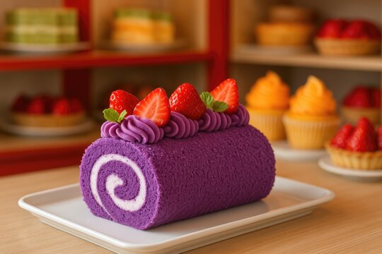 Colorful Japanese Yam Sushi Roll on a Platter at the Pastry Shop