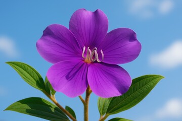 Obraz premium Macro shot of a blooming purple flowering plant with lush green leaves against a clear day sky
