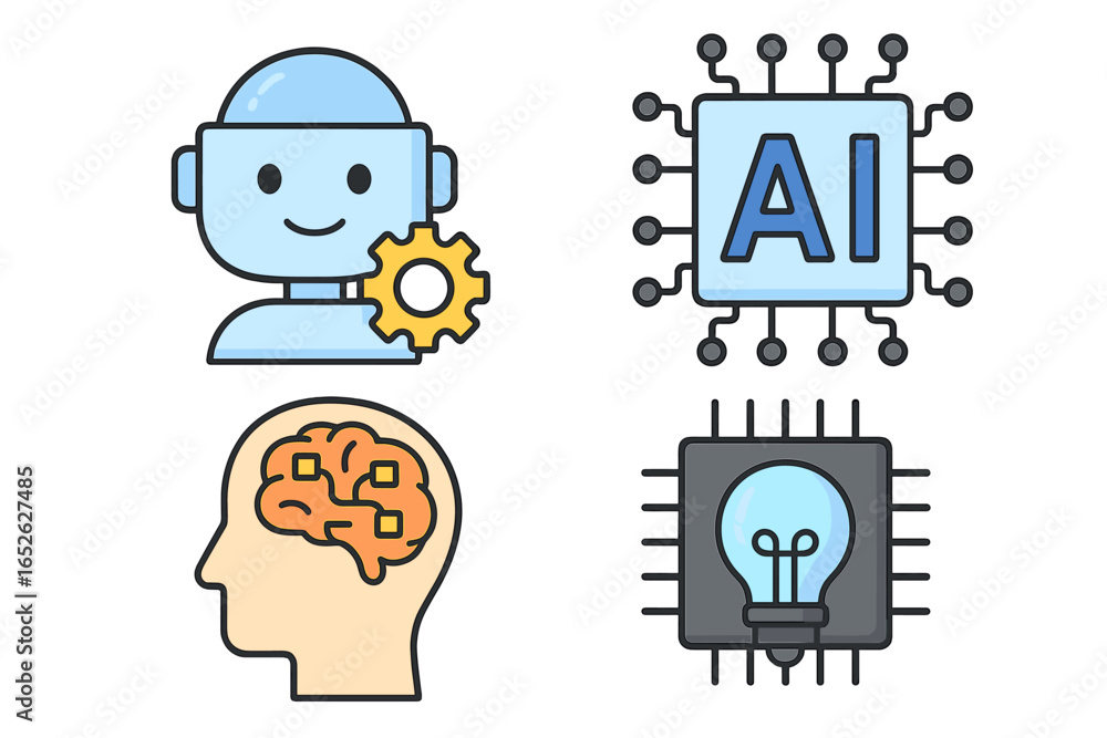 Poster artificial intelligence icon set. vector cartoon illustrations showing a robot chatbot, ai processor