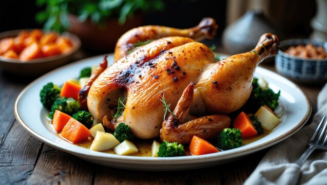 Close-up of a perfectly roasted poultry dish accompanied by colorful vegetables