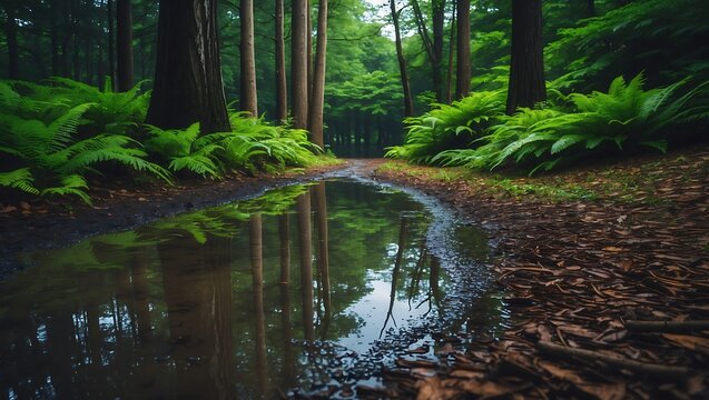 Serene forest path reflecting lush greenery after rain