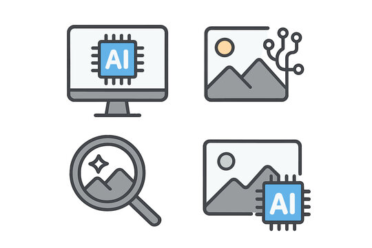Artificial intelligence icon set for image enhancement and processing. AI technology for photo upscaling, generation, and analysis. Machine learning and neural network symbols.