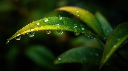 Close-up of leaf edge with dew drops lined up naturally, glowing in fresh morning light.