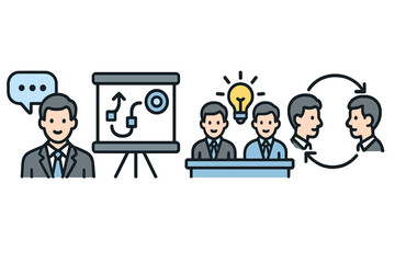 Set of business icons for corporate communication, strategic planning, and teamwork. Vector illustration includes presentation, brainstorming, idea generation, and feedback loop.