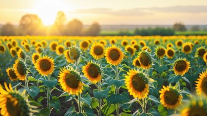 Obraz premium Sunflower landscape at sunrise
