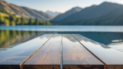 Close-up of a wooden table with a blurred summer lake and mountains behind it